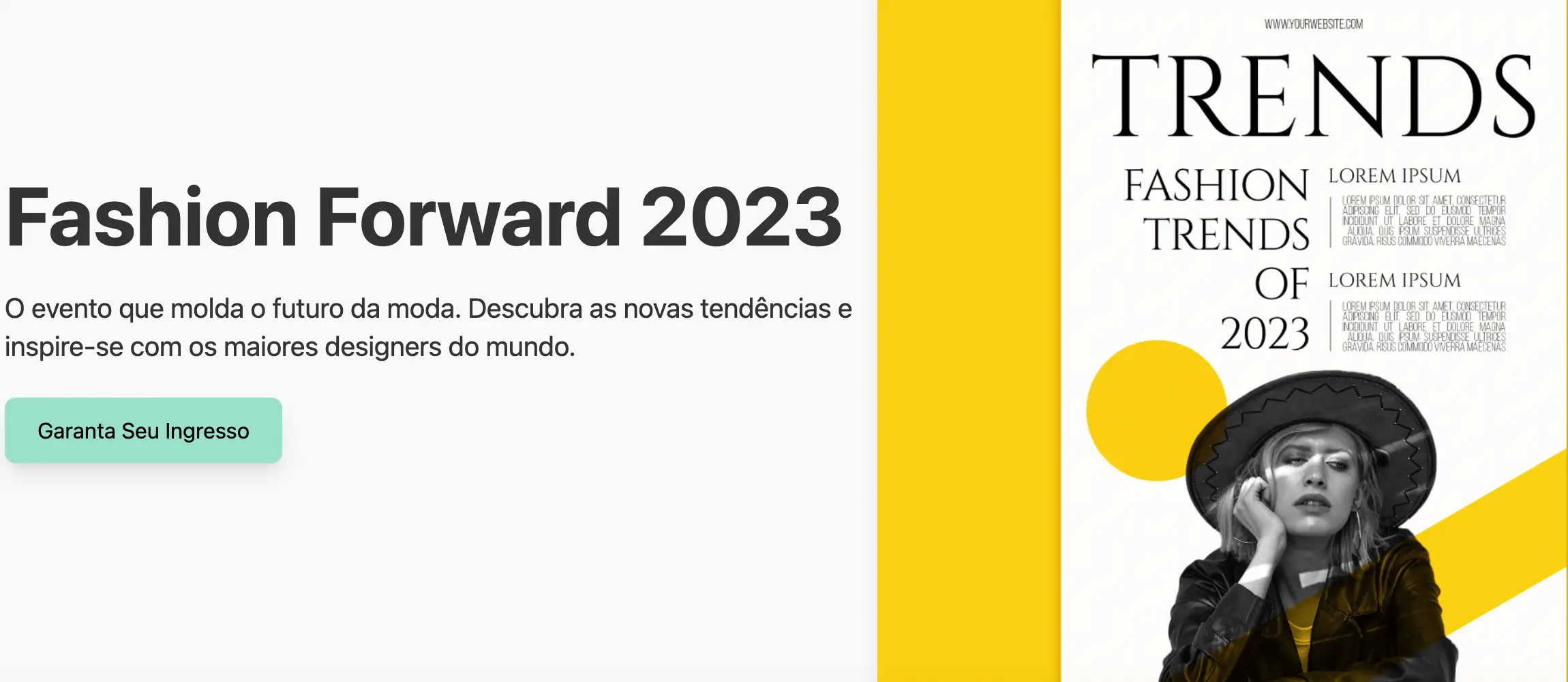 Landing page de evento com foco em moda e estilo, destacando programação e inscrições.